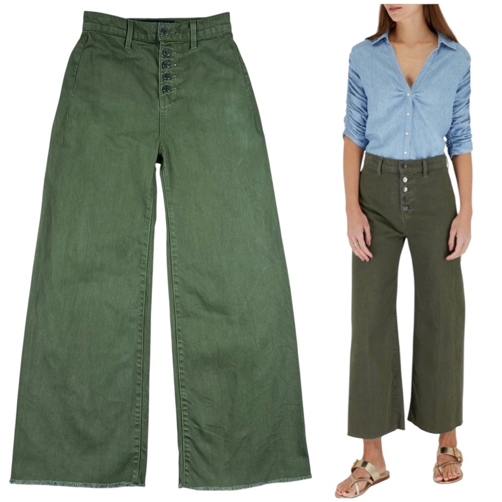 Veronica Beard Grant Wide Leg High Rise Jeans Size 25 Army Green Raw Hem Grunge
